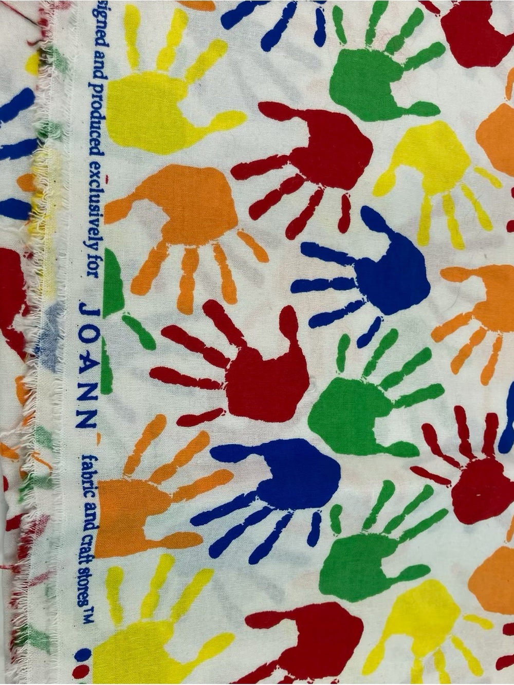 JOANN Fabrics Colored Handprint On White Cotton 1 Yd By 42” Diversity Awareness